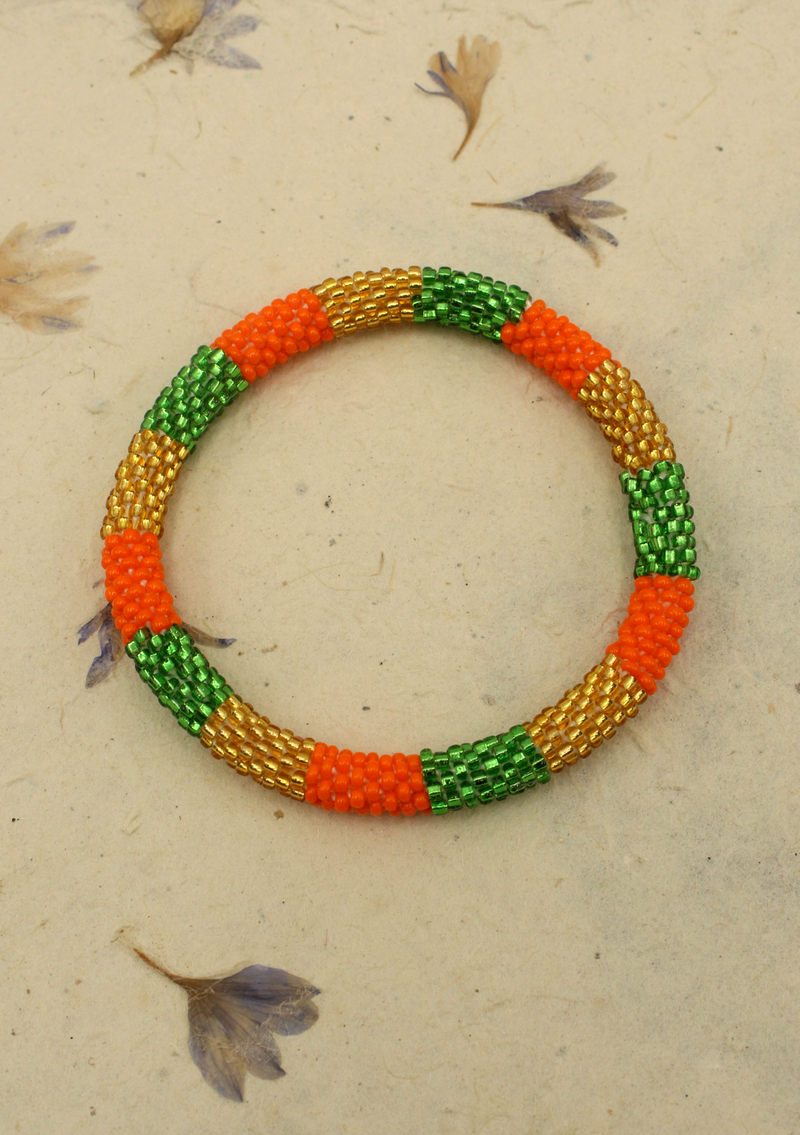 Orange Green Gold Roll Beads Bracelet