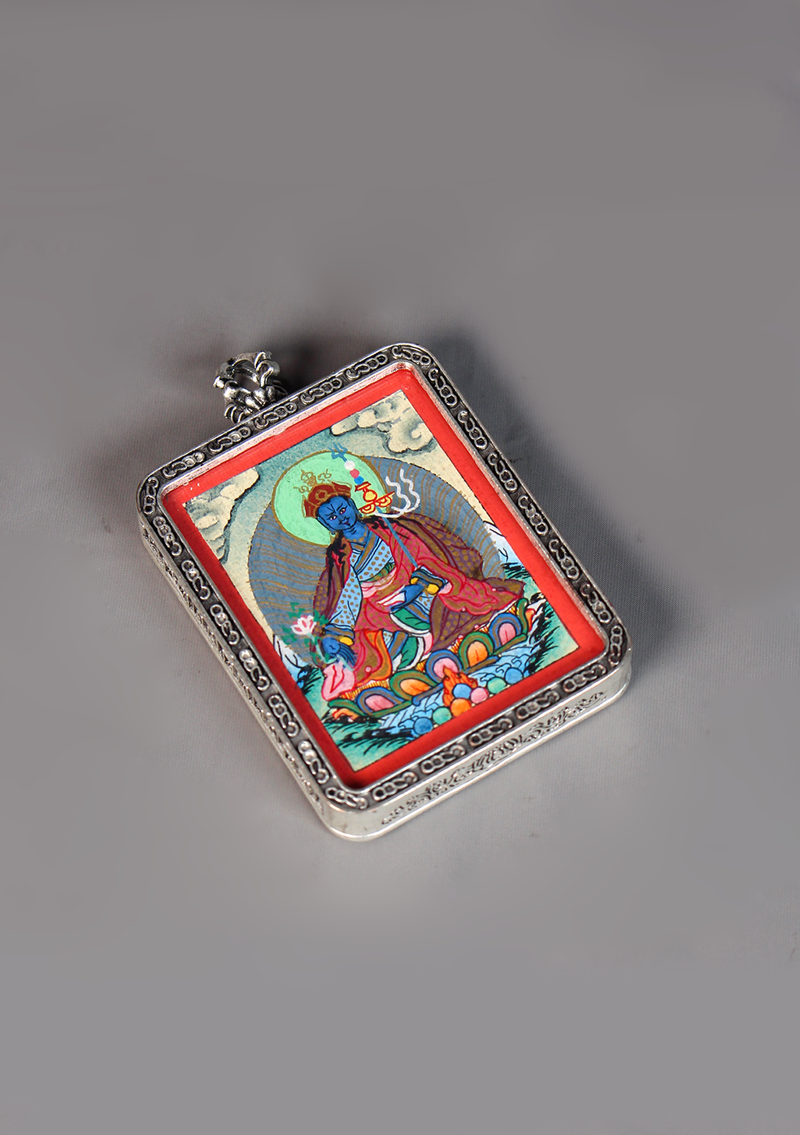 Guru Rinpoche Thangka Amulet Pendant Silver Color Frame