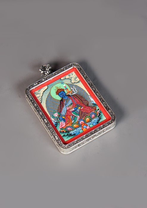 Guru Rinpoche Thangka Amulet Pendant Silver Color Frame