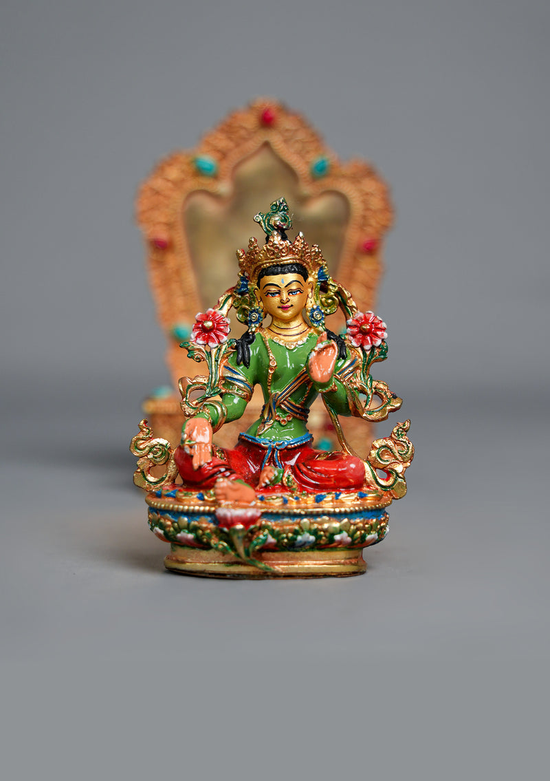 Handpainted Green Tara Statue with Stone-Inlaid Throne