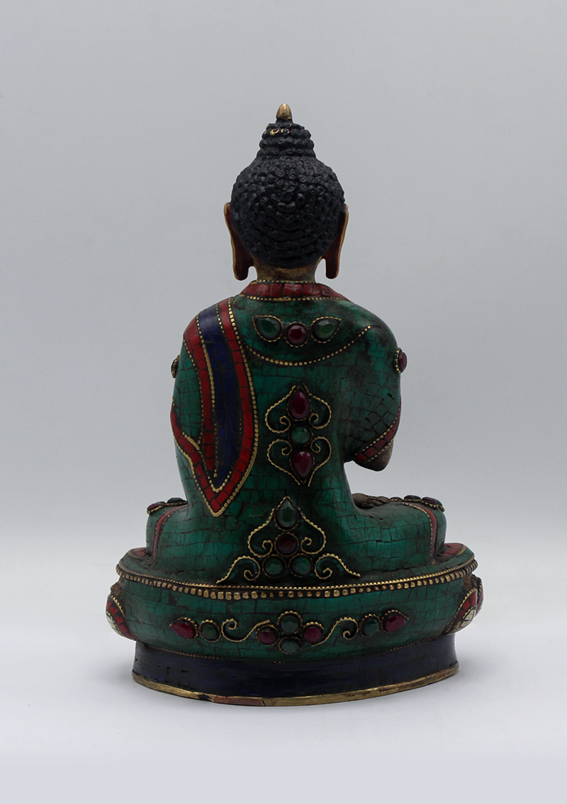 Stone Inlaid Copper Amogasiddhi Buddha Statue 8.5"H