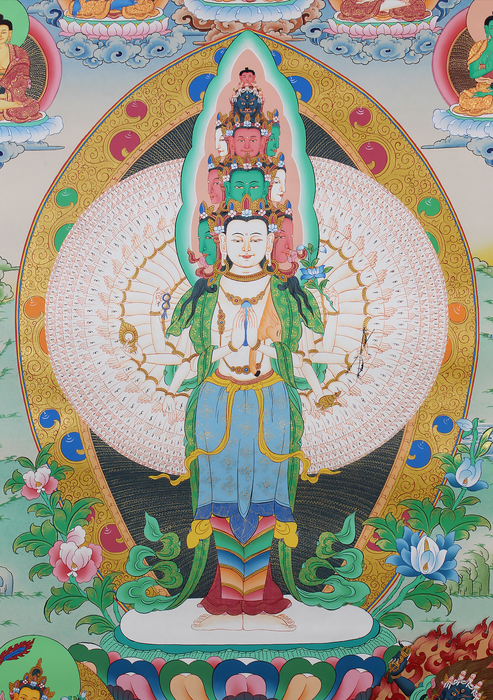 Thousand-Armed Avalokiteshvara Brocade Thangka Painting – Compassion Embodied in Art