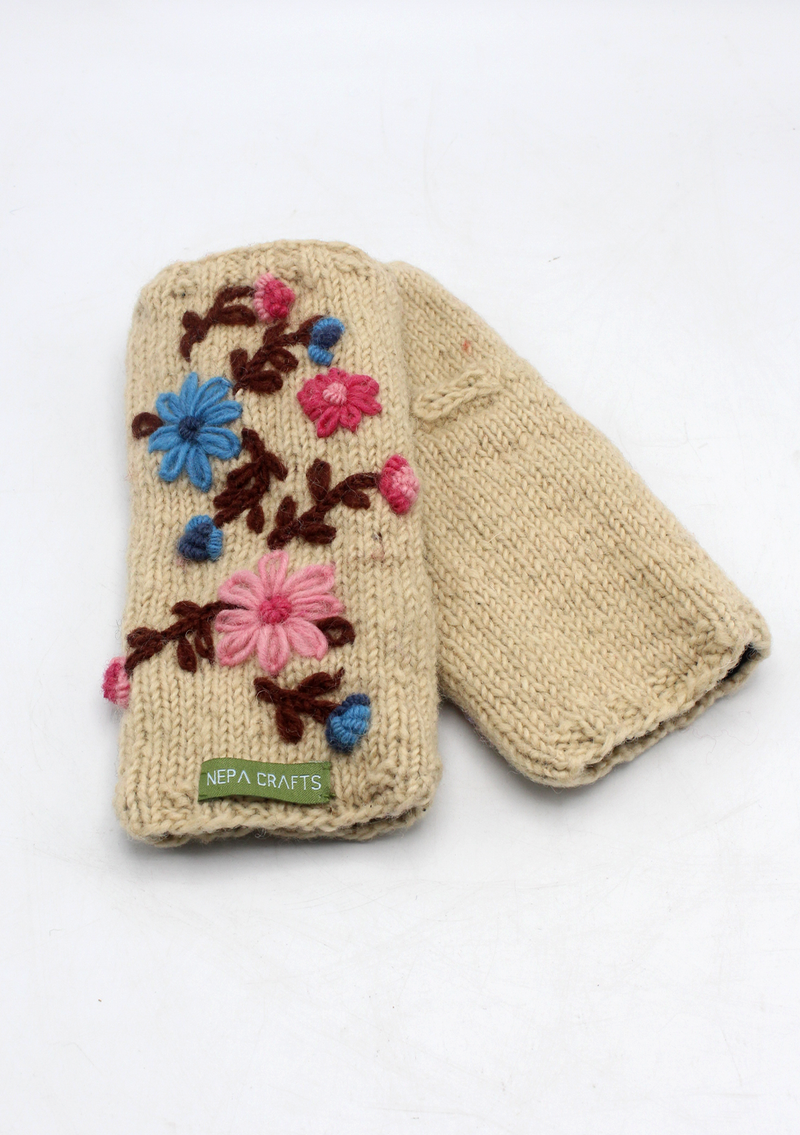 Flower Patterned Off-White Finger less Hand Warmer
