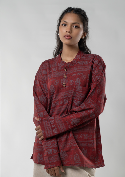 Hare Ram Hare Krishna Khadar Kurta Shirt - Maroon