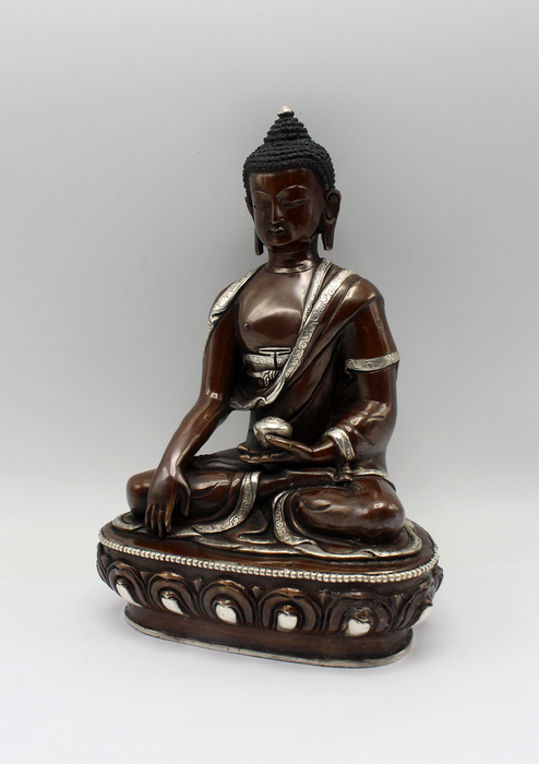 Copper Silver Inlaid Shakyamuni Buddha Statue 8" H