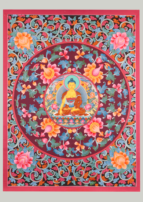 Shakyamuni Buddha  Flower Circle Thangka Painting