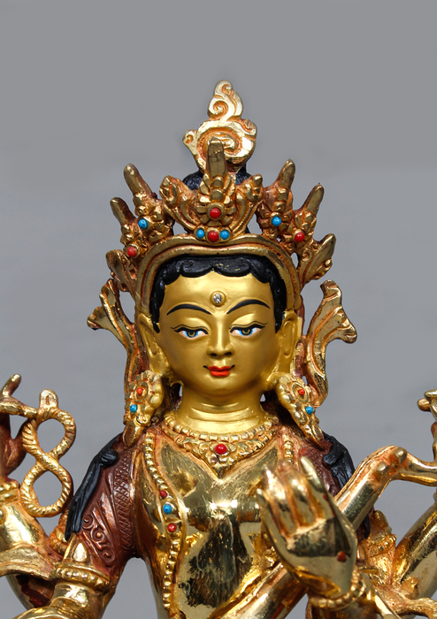 Partly Gold Plated Copper Saraswoti Statue 9.2" H