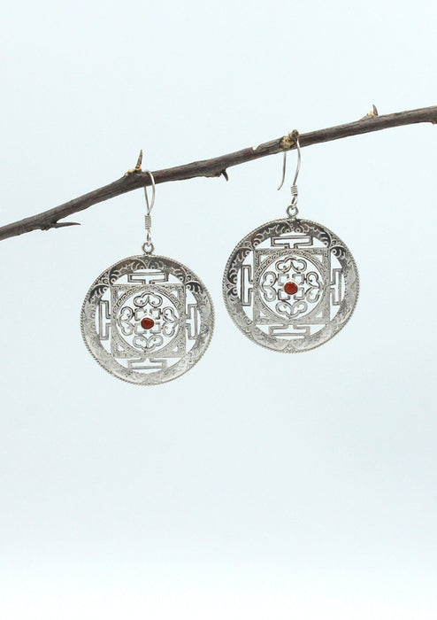 Sterling Silver Coral Inlaid Mandala Earrings
