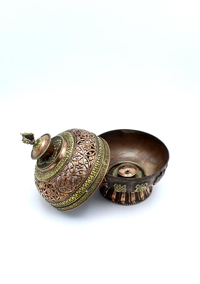 Round Astamangal Copper Floral Design Incense Burner with Lotus Base
