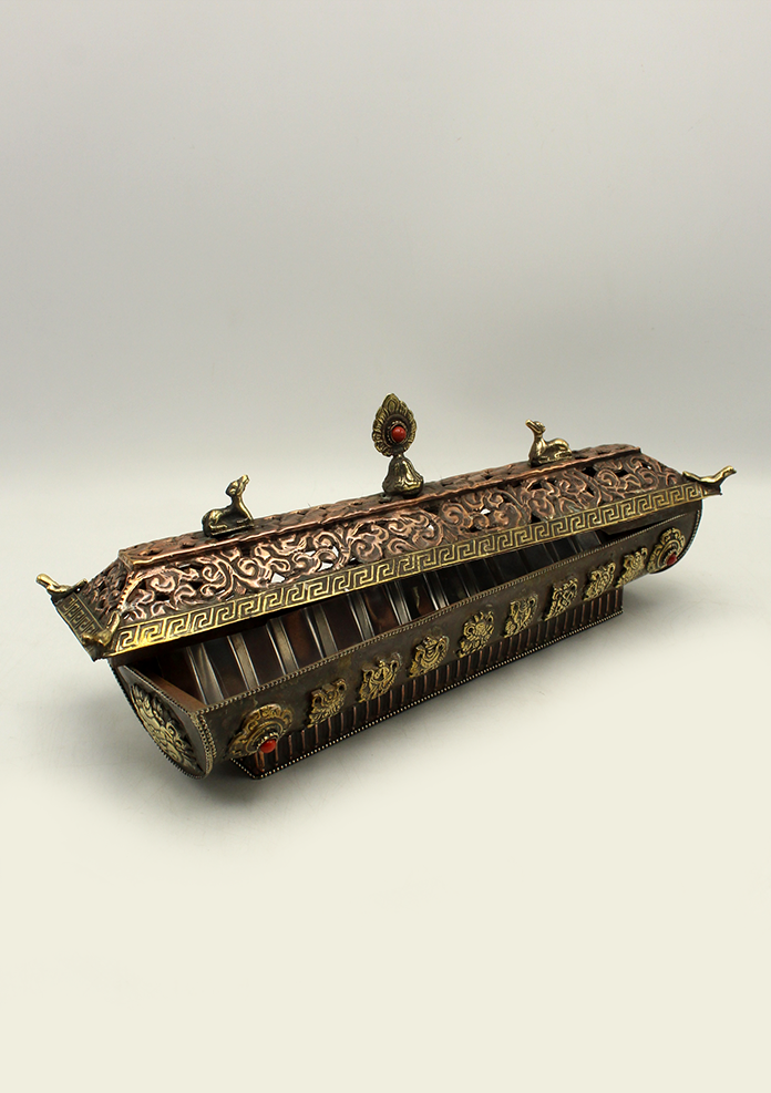 Coral Inlaid Tibetan Incense Burner with 8 Auspicious Symbols
