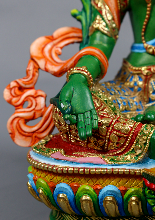 Green Tara Handpainted and Partly Gold Gilded Statue