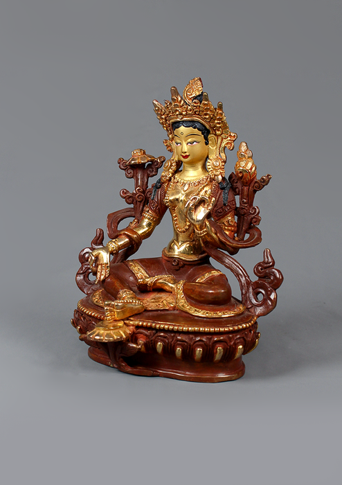 Partly Gold Plated Green Tara Statue 6.5" H