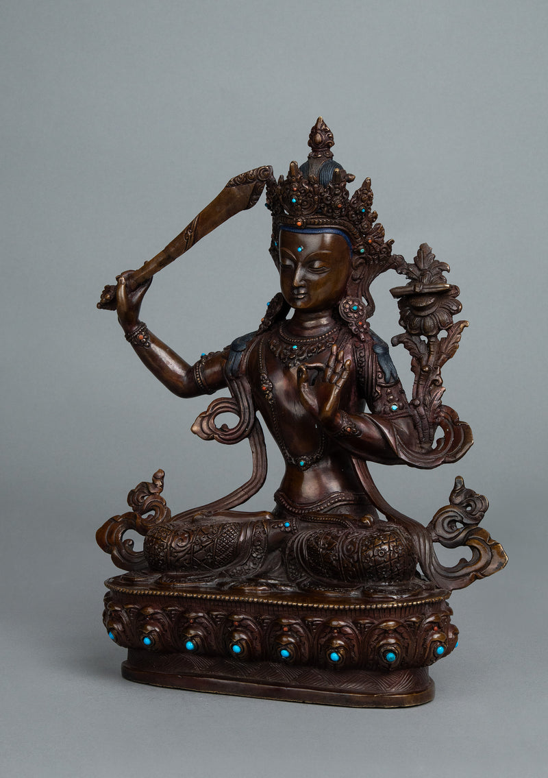 Oxidized Copper Manjushree Statue 13"H