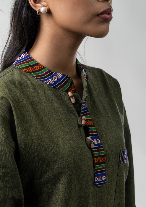Bhutanese Pattern Cotton Kurta  Shirt - Olive Green