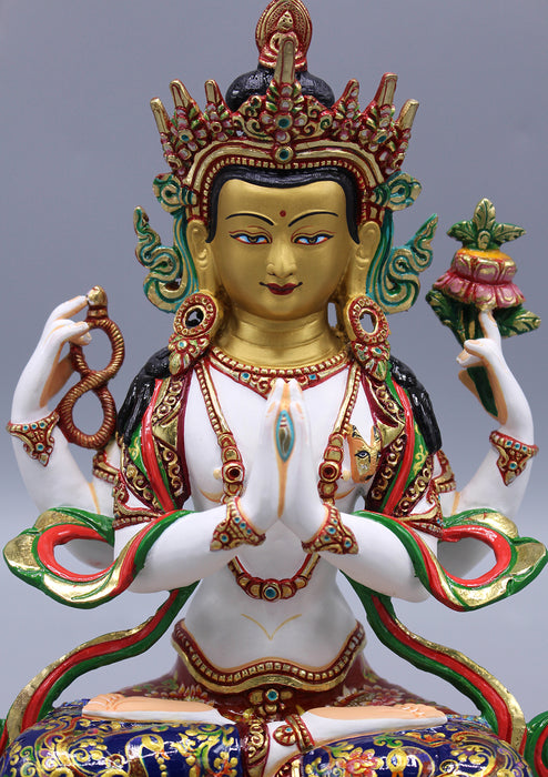 Hand Painted Four Armed White Chenrezig Partly Gold Plated Statue