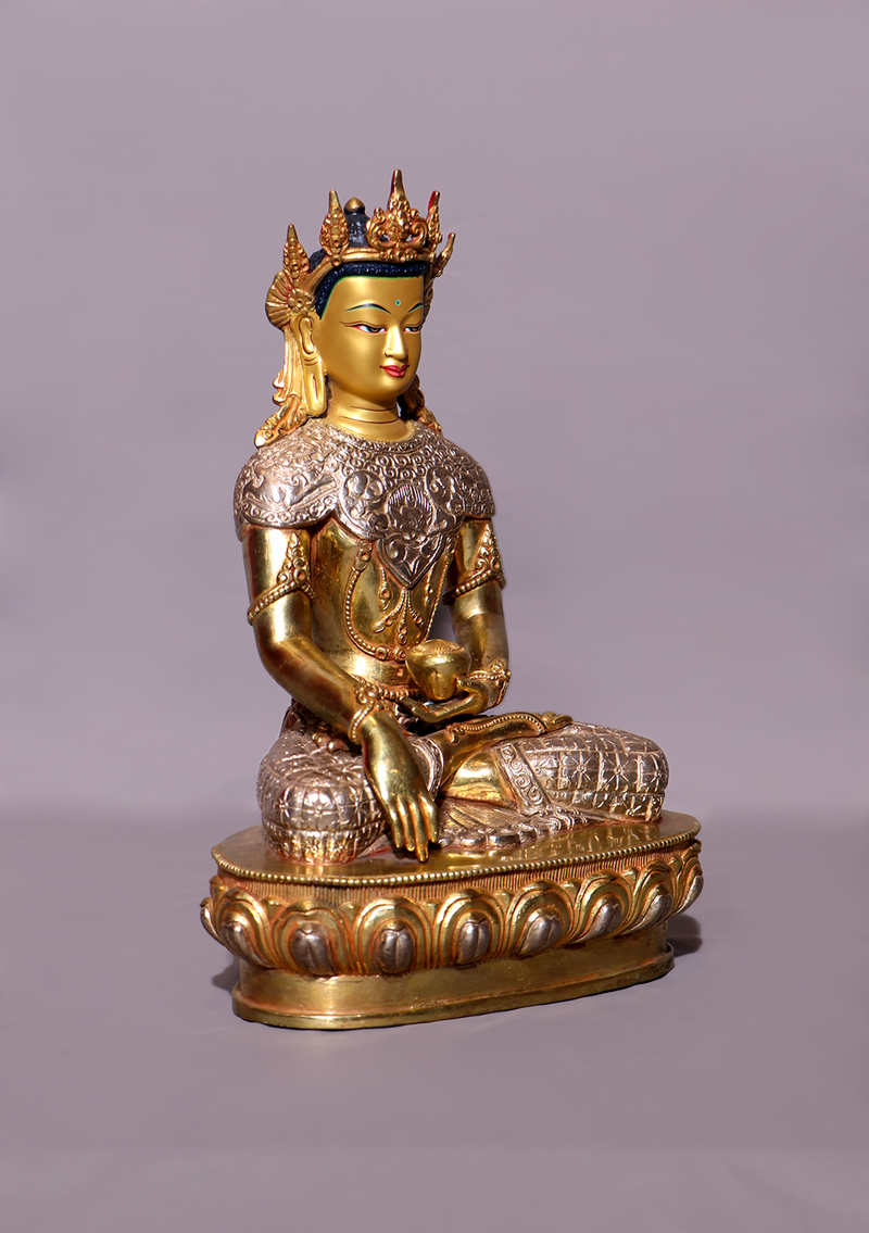 Fully Gold Plated Silver Crown Buddha Statue 10.5"H