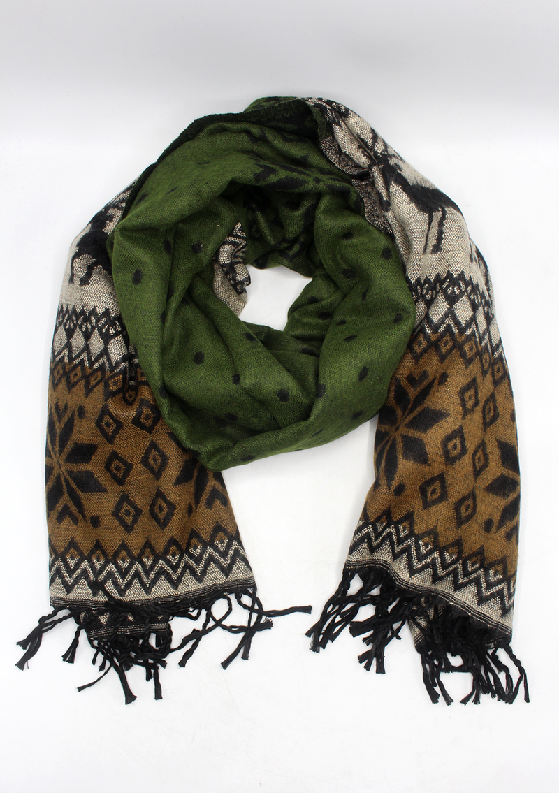Hand loomed Deer Green Woolen Shawl- Red Rose