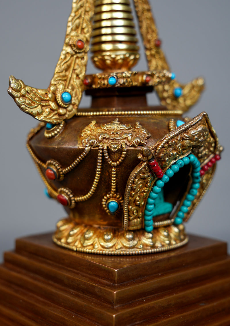 Handcrafted  Gold Plated Chorten Stupa 13" H