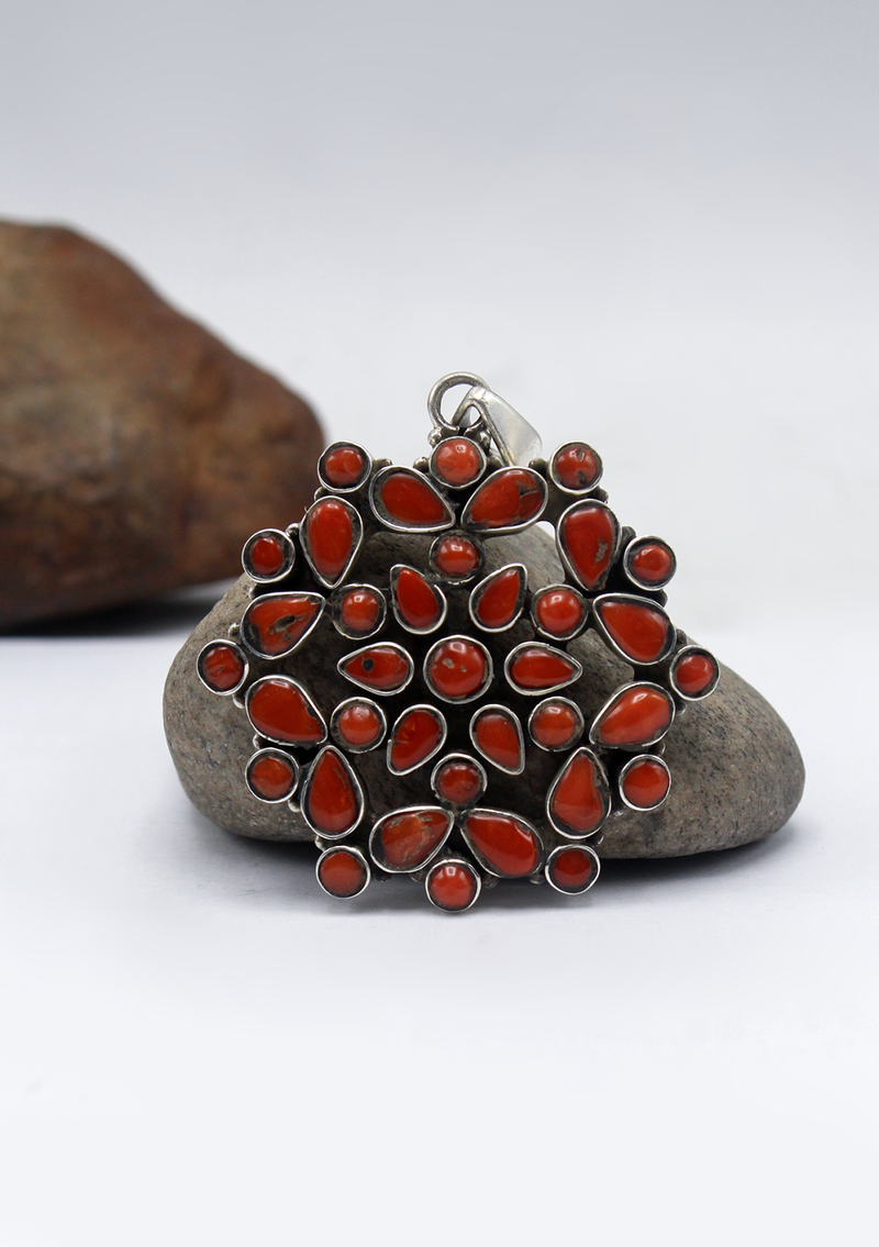 Multistone Coral  Flower  Silver Sterling Pendant