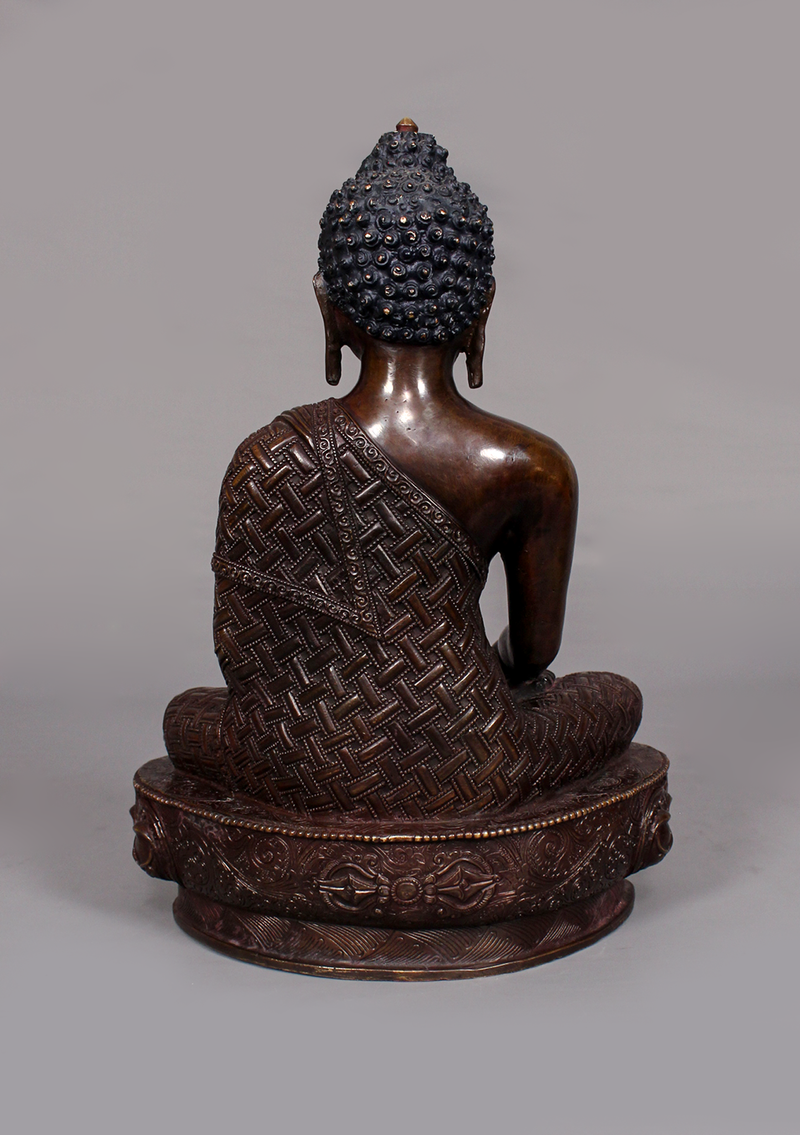 Copper Oxidized Shakyamuni Statue with Dorjee Carving 11" H