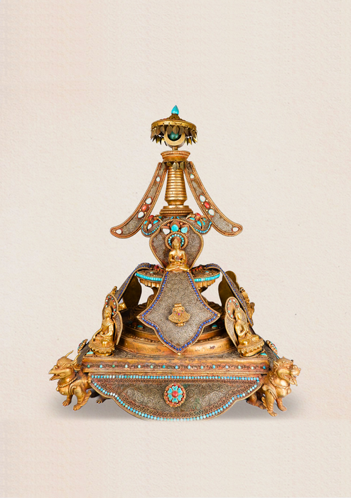 Lionhearted Illumination Five Buddha Stupa with Crystal Bowl and Turquoise Adornments on Majestic Lions