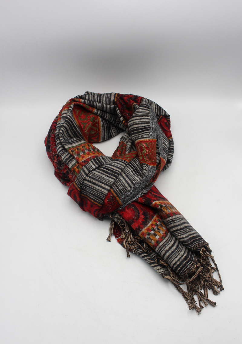 Hand loomed Maroon Blackand White Lined Woolen Shawl Nepal- Saugat