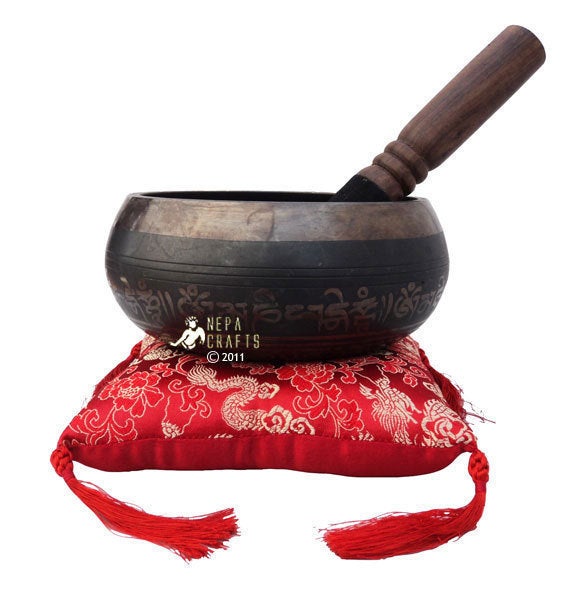 Pancha Buddha Embossed Tibetan Singing Bowl 14 cm with Cotton square and Mallet Nepal