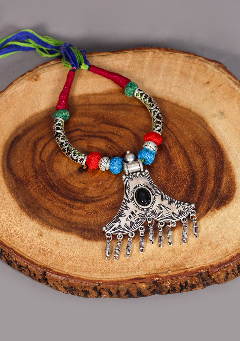 Elegant White Metal Tribal Style Pendant with Stone from Nepal