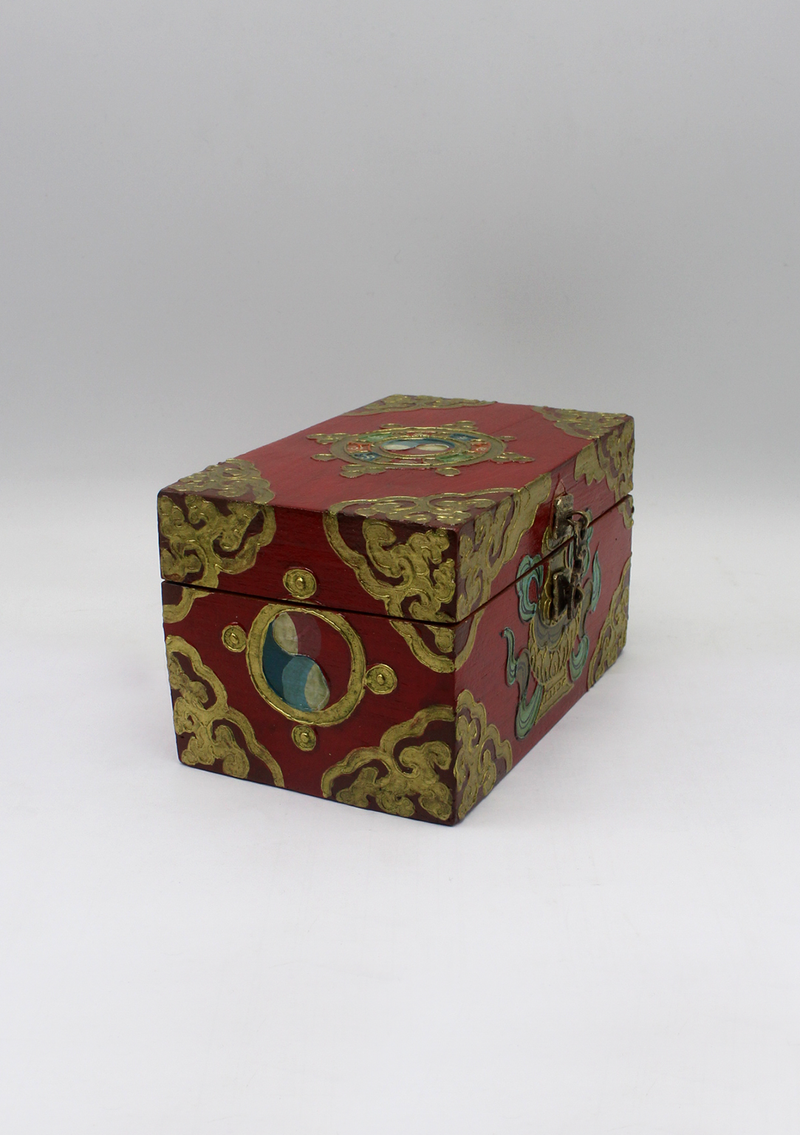 Handpainted Tibetan Wooden Box with Dharmachakra- Medium