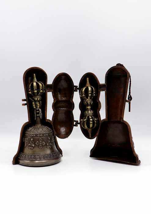 Tibetan Bell and Dorjee Set in a Copper Case with White Metal Carvings