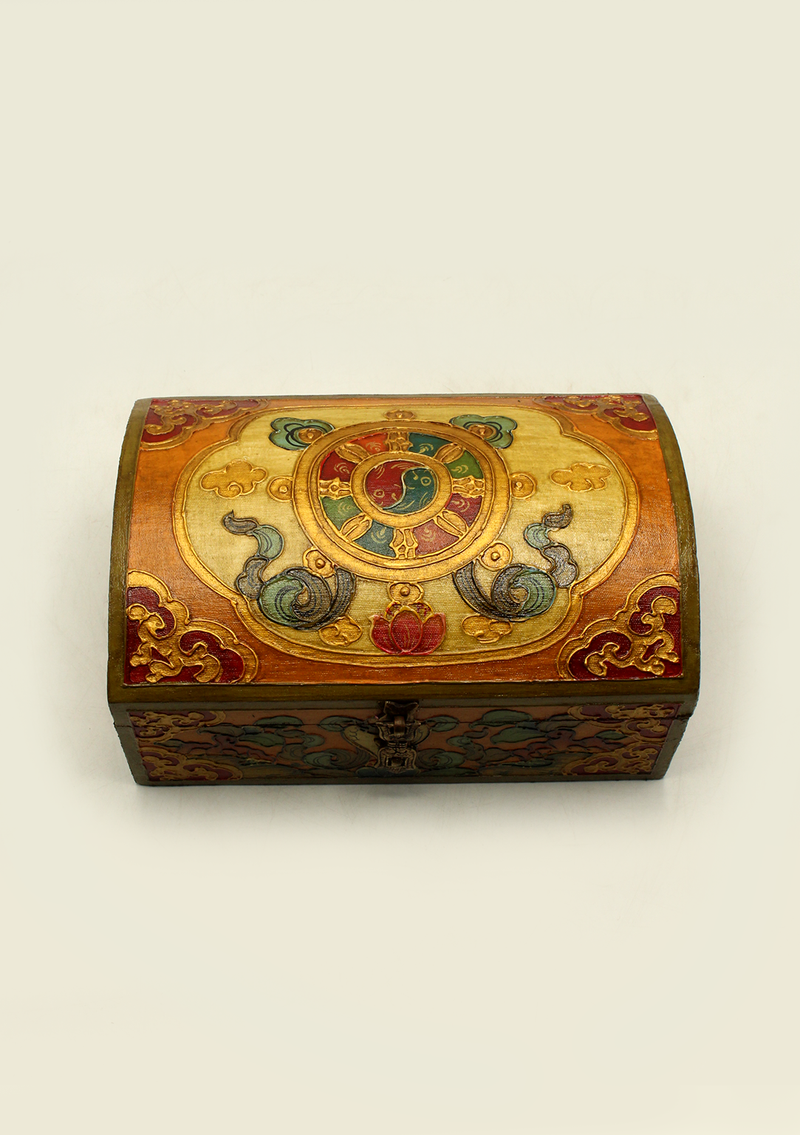 Handpainted Tibetan Wooden Dharma Wheel Optical Box