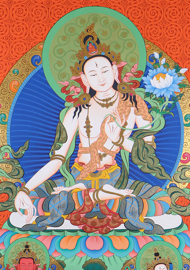 White Tara Thangka Painting  Red Background
