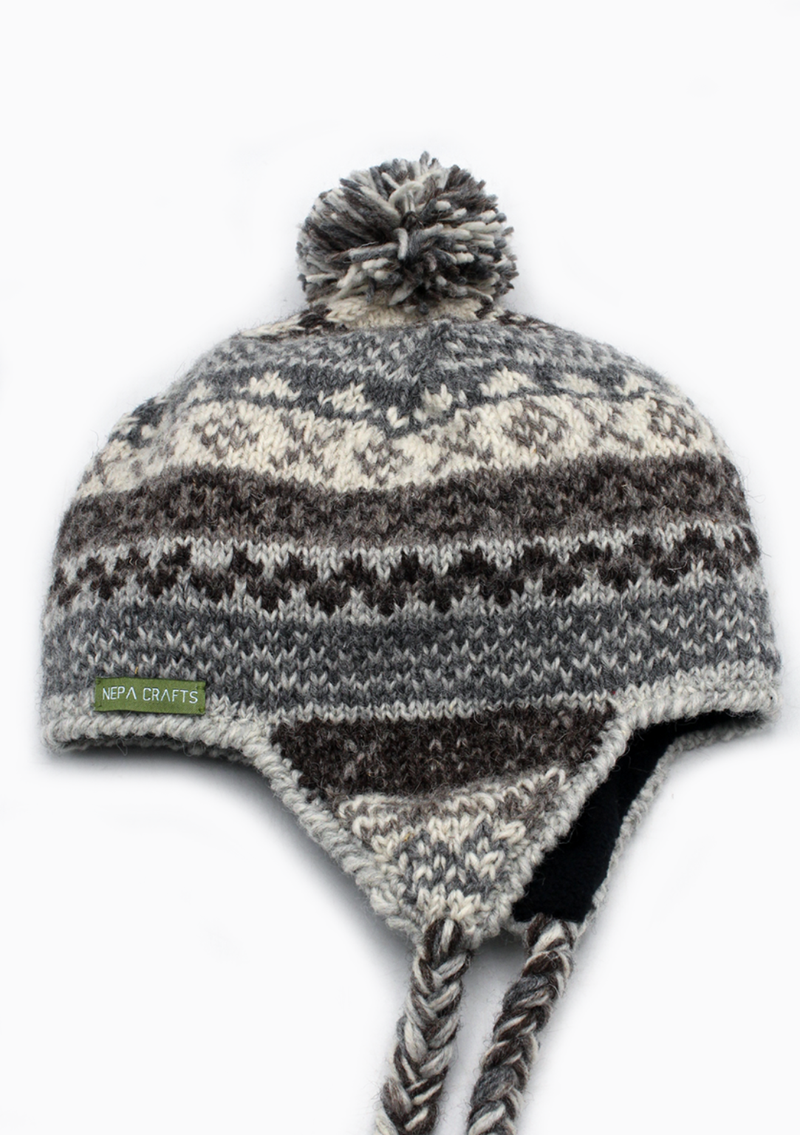 Natural Dark  Color Hand Knitted Winter Sherpa Cap
