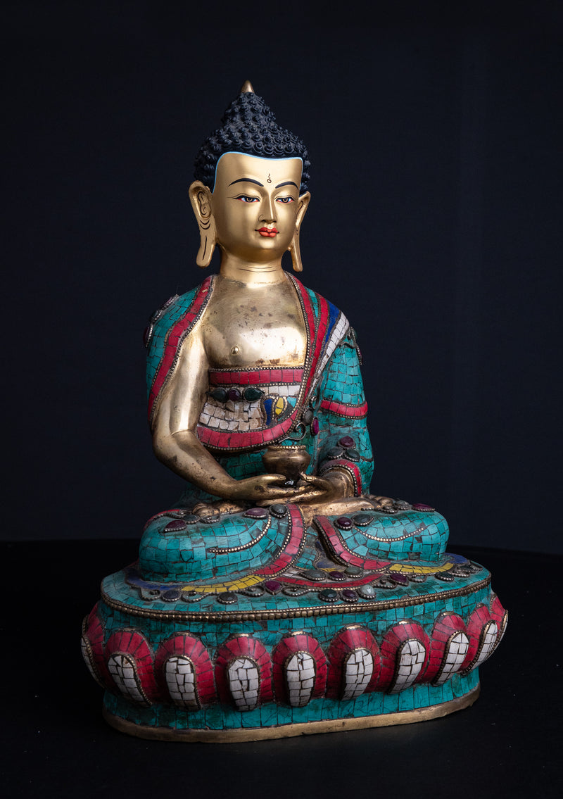 13" Shakyamuni Buddha Statue with Turquoise & Coral Inlay | Handmade in Nepal