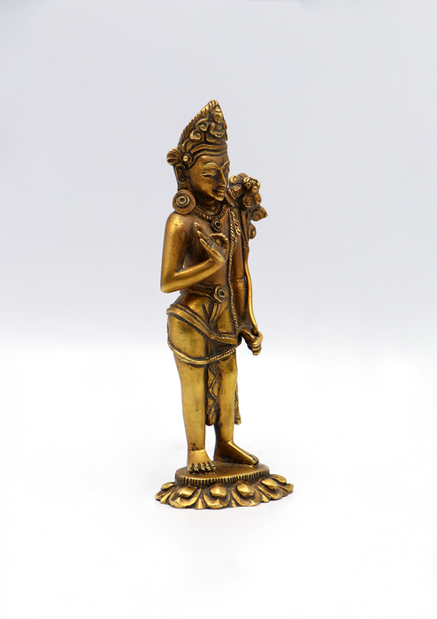 Fully Gold Plated Standing Lokeshwora with Flower Statue 6"H
