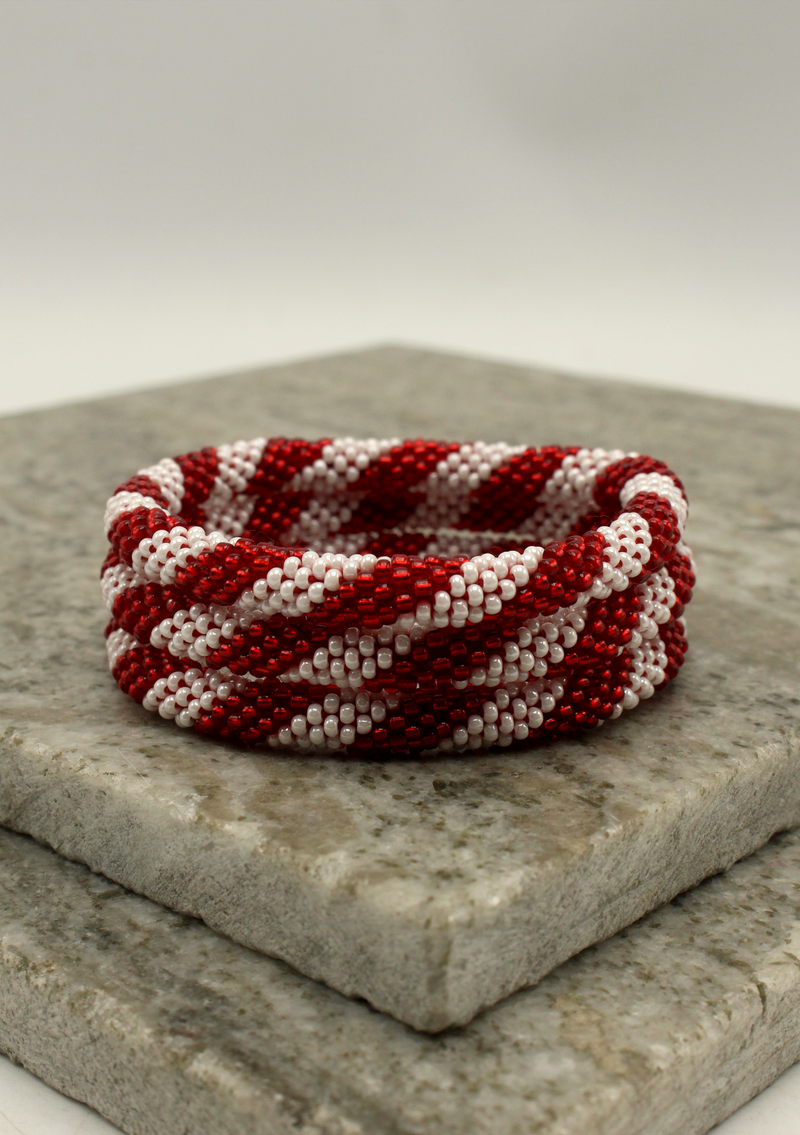 Spiral Red and White  Roll Beads Bracelet