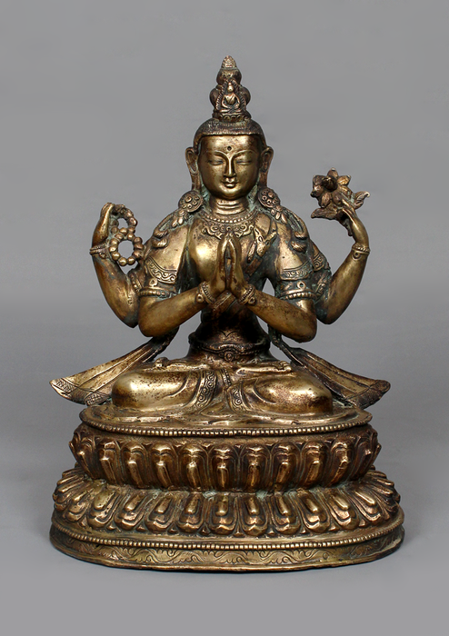 Antique Style Copper Chenrezig Statue 10" H