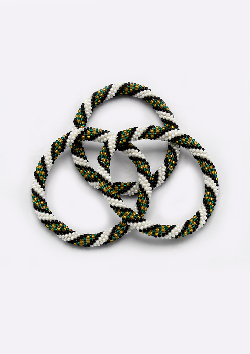 Black and White Gold Stripe Nepalese Roll on Beads Bracelet for Kids