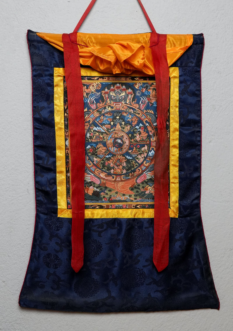 Wheel of Life Thangka Painting with Brocade Medium Size