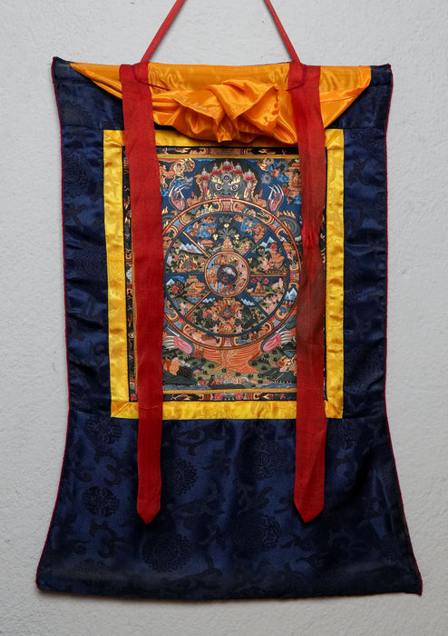 Wheel of Life Thangka Painting with Brocade Medium Size