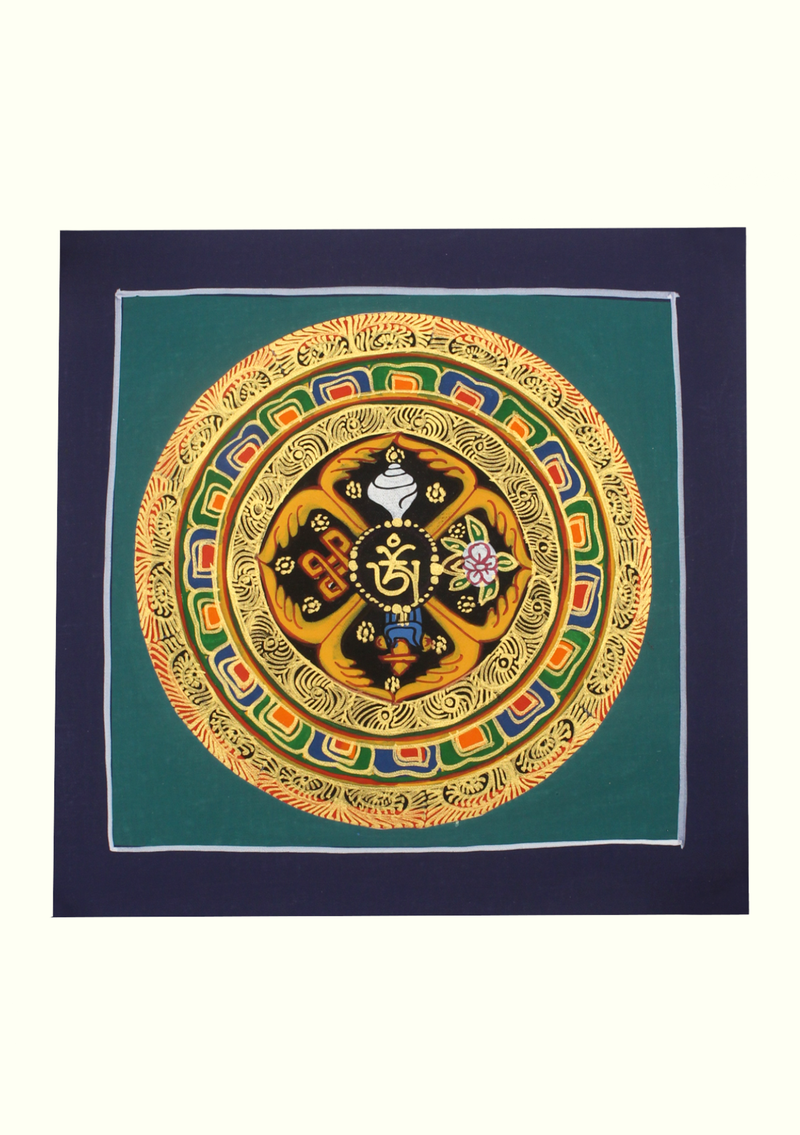 Tibetan Om Auspicious Symbols Hand Painted Mini  Thangka (D)