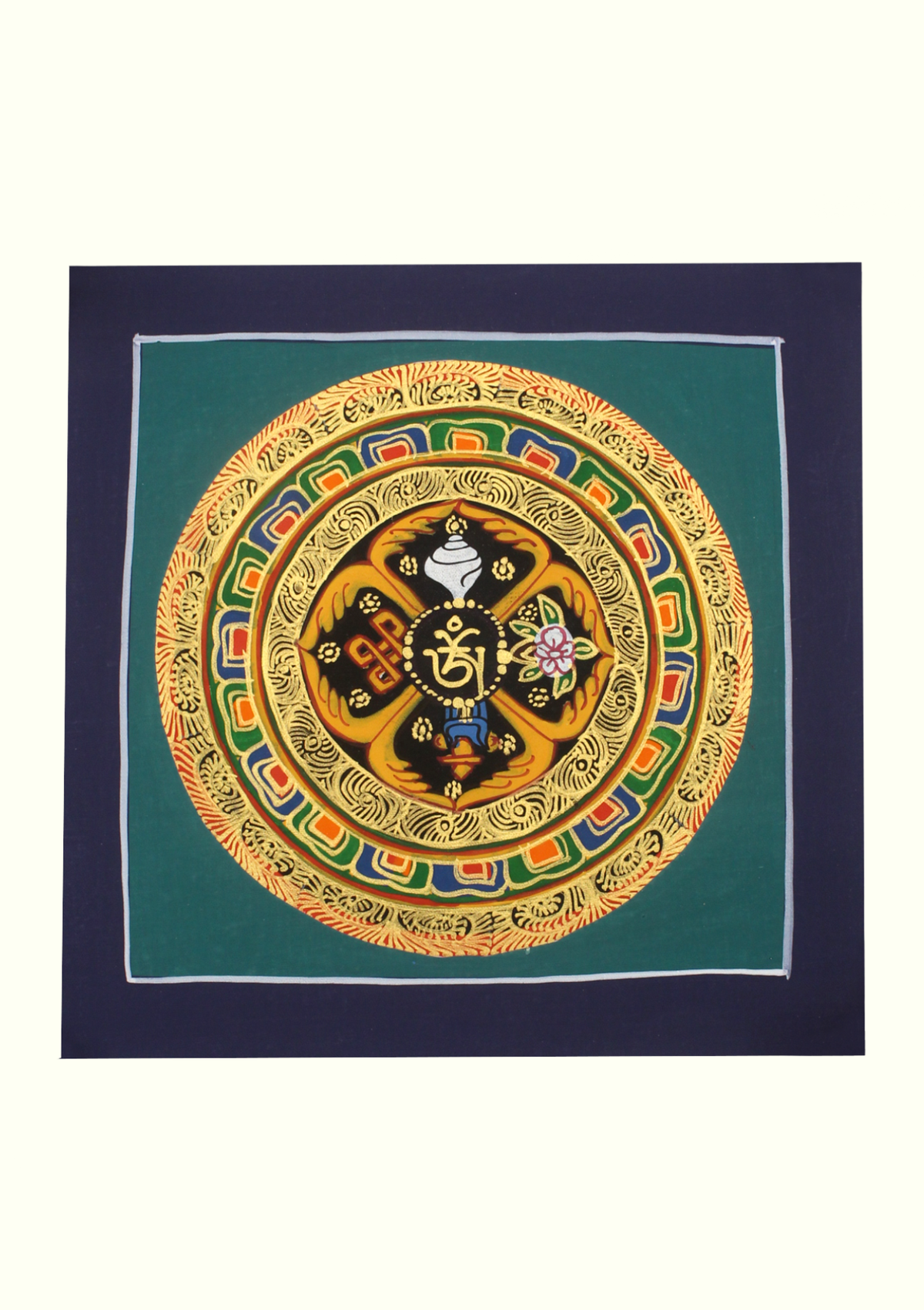 Tibetan Om Auspicious Symbols Hand Painted Mini Thangka (D