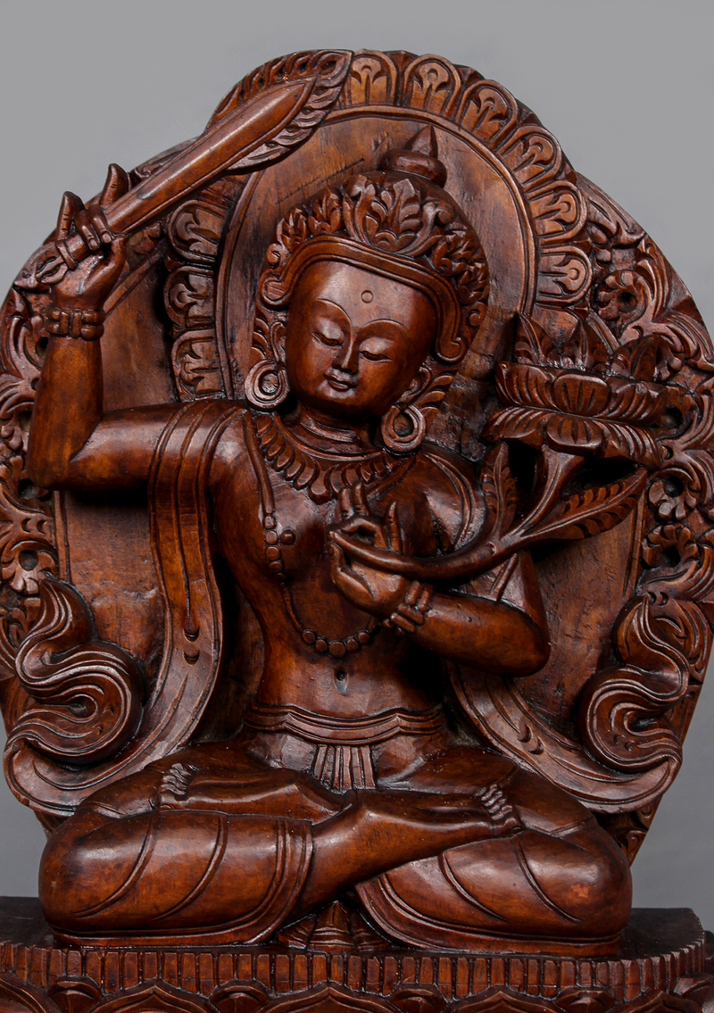 Manjushree Fine Carving Wooden Statue 12"H