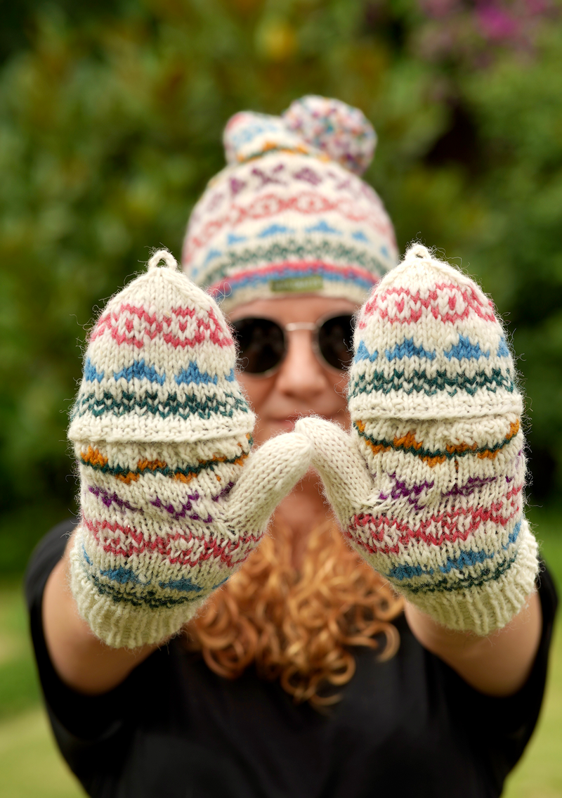 Handknited Blue and White Sherpa Mittens