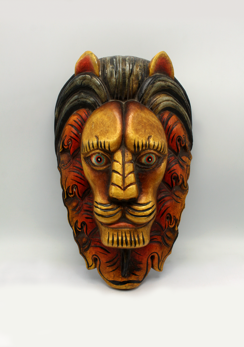 Handcarved and Painted Wooden Lion Head Wall Hanging Mask
