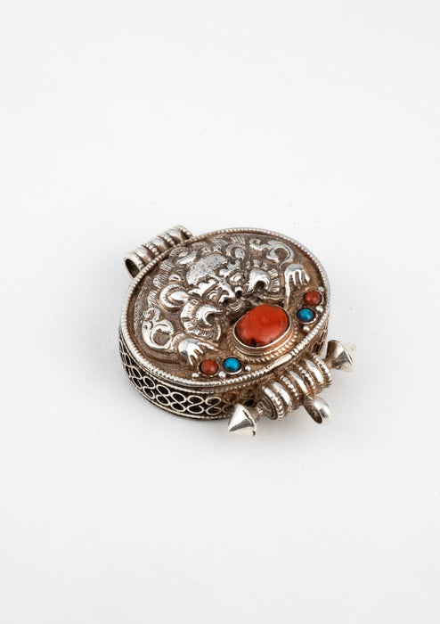 Sterling Silver Tibetan Cheppu Ghau with Coral and Turquoise Inlays