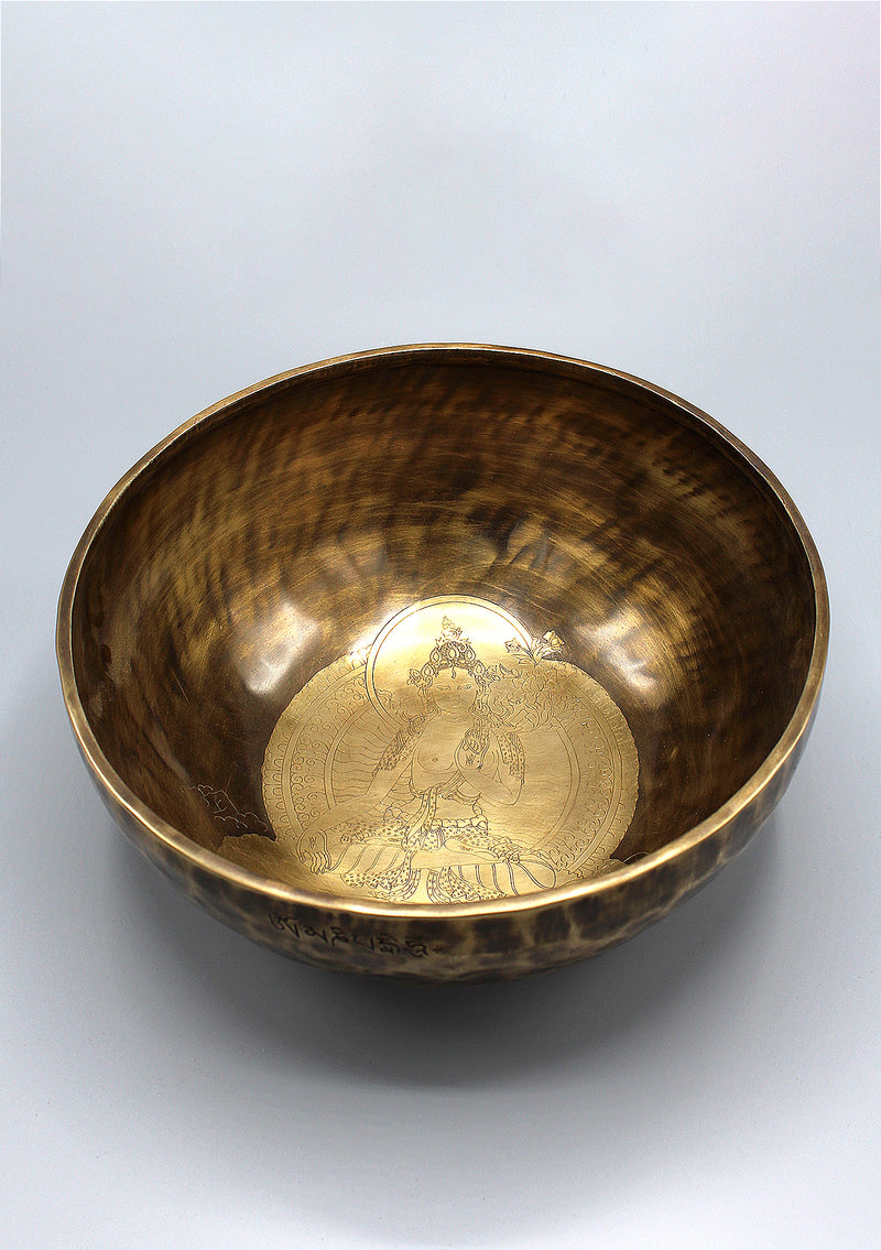 Green Tara Carved Tibetan Handmade Full Moon Meditation Singing Bowl