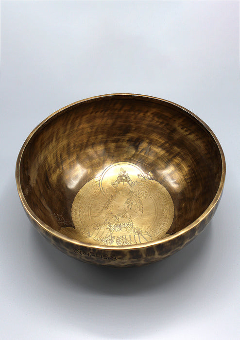 Green Tara Carved Tibetan Handmade Full Moon Meditation Singing Bowl