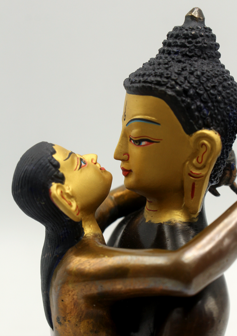 Gold Face Painted Copper Buddha Shakti Samantabhadra Statue 7.5"H