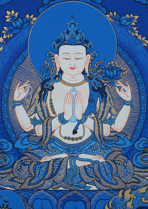 Chenrezig with Manjushree, Vajrapani and Amitabha Buddha Thangka Painting